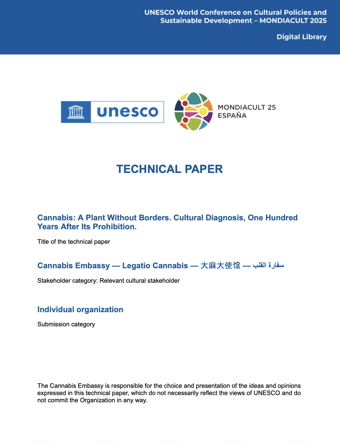 Official Contribution to the UNESCO Mondiacult 2025 Summit – Living Cannabis Cultures | Cannabis Embassy – Legatio Cannabis — 大麻大使馆 — سفارة القنب